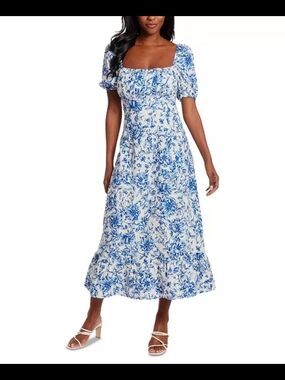 Blue and White Floral Linen Blend London Times Dress